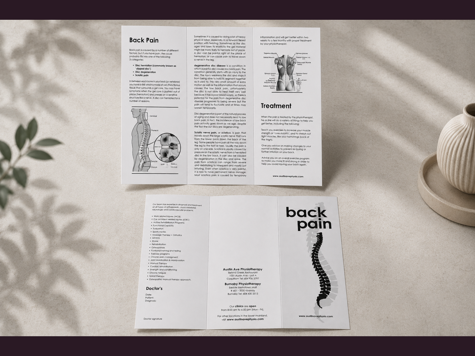 Back pain — Medicinal Brochure — Informative tri-fold brochure for patients · InDesign, Photoshop & Illustrator